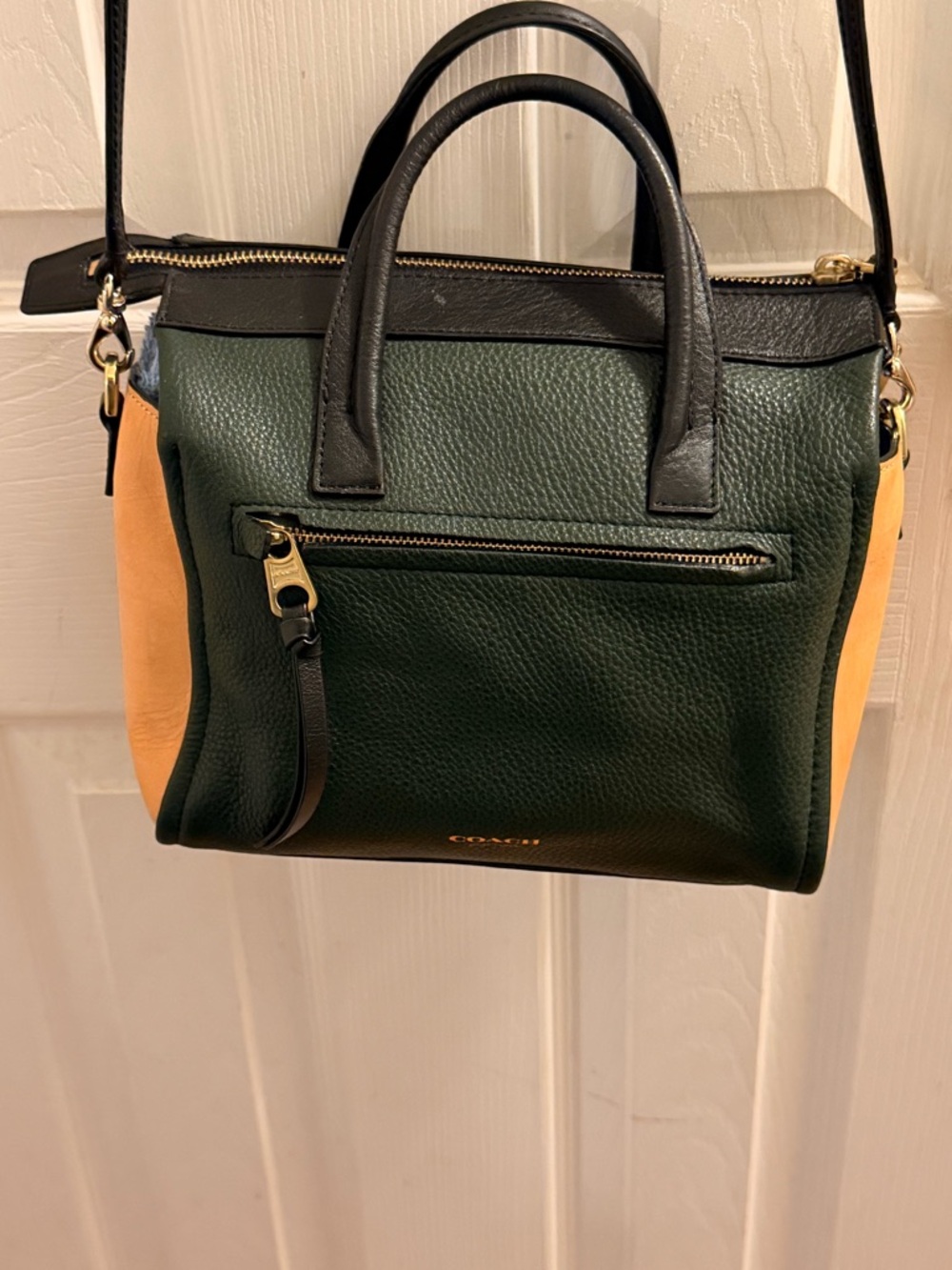 Coach Colorblock Pebbled Leather Satchel in Forest Green, Black & Tan